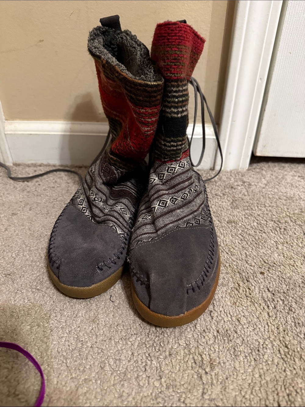 Toms Gray Lace-Up Moccasin Boots with Red and Brown Fold-Over Cuffs